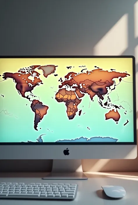 Make the complete world map, pastel yellowish color, pastel blue sea, image lying on computer monitor facing forward, 8k