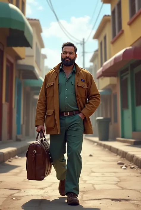 Male community health worker walking on the street with his leather bag, with a beard and a little chubby