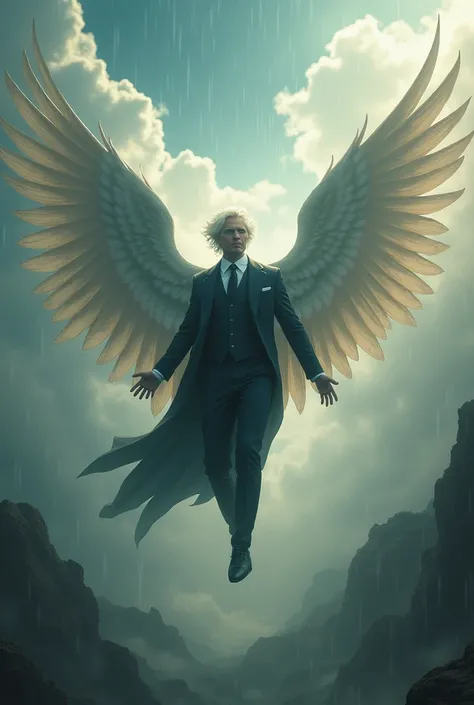 Man with big white hair and suit with 4 huge wings flying in thundering rainy sky 