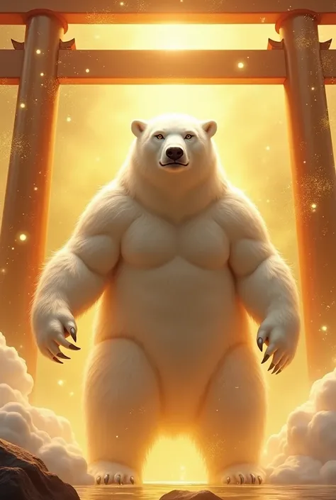 A guardian deity with a polar bear motif that will boost your luck with money。All around gold background。The background is a glittering golden world。The background is a torii gate。Shining。The polar bear looks straight at me、Impressive。