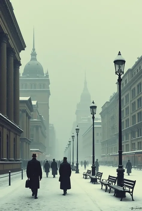 berlin alexanderplatz with snow falling 1930 greyer colors
