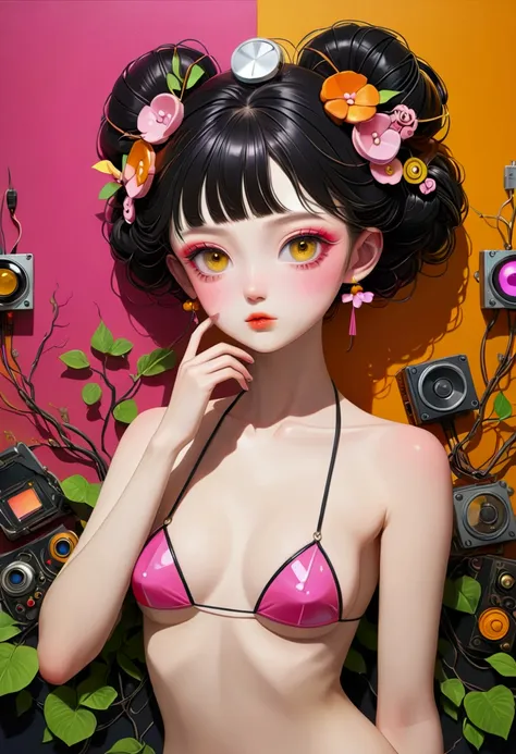 collage painting, petite young robot geisha, micro bikini, flat chest, big eyes, ulzzang, wires, buttons, circuits, vines, twigs...