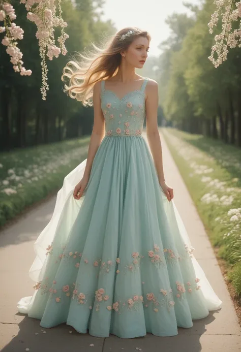 aged 30,Super detailed,a beautiful girl, , playful and charming. The girl’s dress is made of a delicate, flowing fabric that seems to dance in the breeze. The color is a soft pastel, reminiscent of the wildflowers that surround her. The bodice is fitted, w...