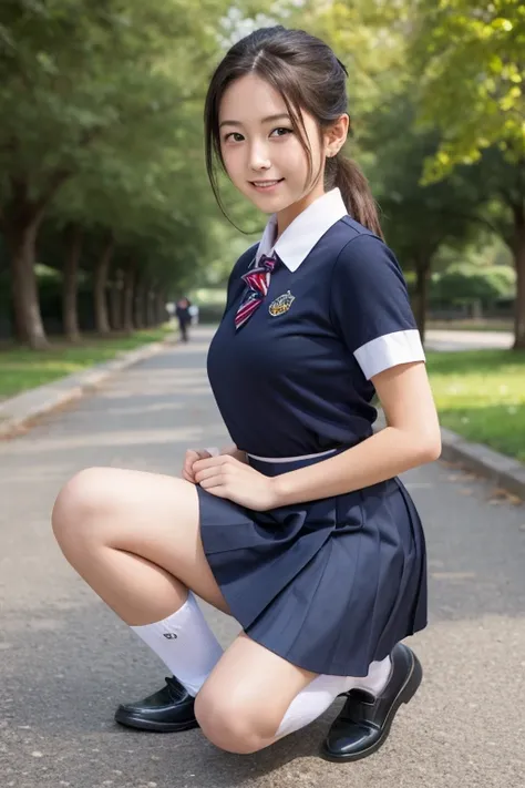 1japanese girl, wearing high school uniform, (navy blue plated skirt, white collar short sleeve school dress shirt, black loafers, white folded socks:1.2), low ponytail, squatting, smile, in park, BREAK, full body shot, pov, focusing face, BREAK, best qual...