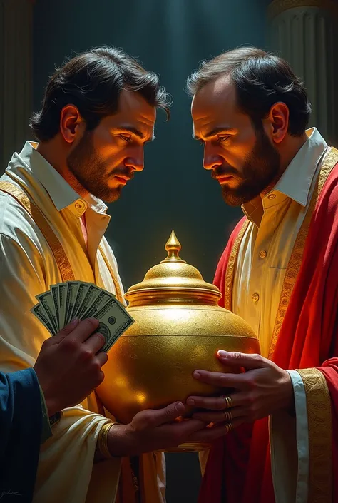 I want a drawing of two men, One with a pot made of gold and another man with money in his hand.

