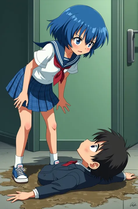 A teenage Anime girl with blue hair in a blue plaid skirt and schoolgirl short sleeve shirt and tennis shoes looks down at and berates an embarrassed teenage boy in a suit covered head to toe in mud laying on the floor