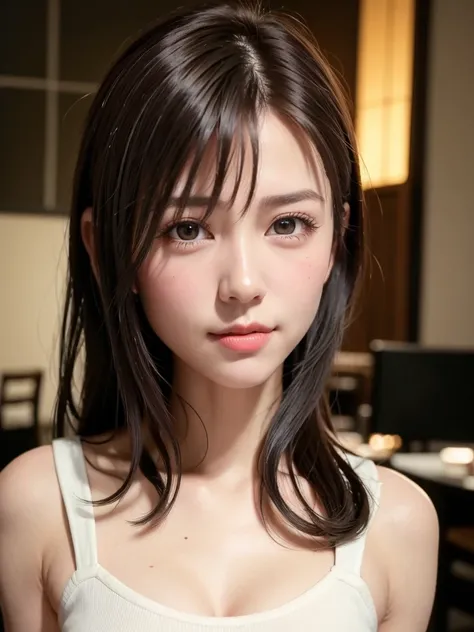 natta, Raw photography, (((Very beautiful portrait))), ((glistning skin)), 1girl in, Sexy 2 girl, Cafe Clerk、((Sauvages natural brown hair)), Gentle smile staring at the camera, ((​masterpiece, top-quality, ultra-detailliert, ciinematic light, intricate de...