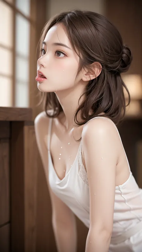 High resolution、超High resolution、photograph、Japanese Women、Looking into the distance、cute、Age 25、Random Hairstyles、Highly detailed skin、Rough skin、Detailed chest、Japanese、Leaning forward、、Cafe、Drink deliciously、Beautiful profile、Gazing Eyes、Clear skin、Even...