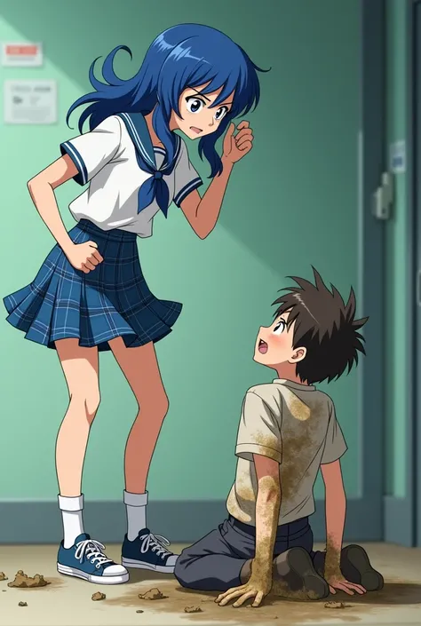 A teenage Anime girl with blue hair in a blue plaid skirt and schoolgirl short sleeve shirt and tennis shoes looks down at and berates an embarrassed teenage boy in a suit covered head to toe in mud laying on the floor