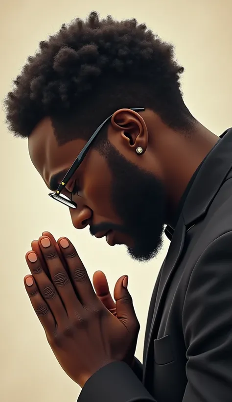 A black man with glasses praying fervently