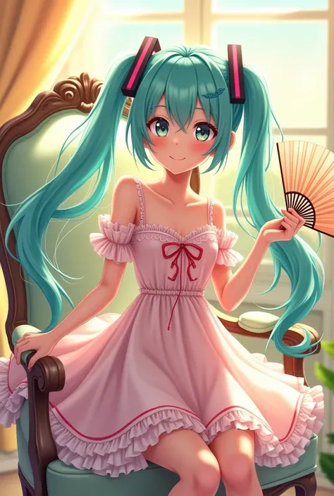 Hatsune Miku穿着法式小礼服，Fan in hand，Sit in a chair，HD，cartoon，Sunlight，Hatsune Miku