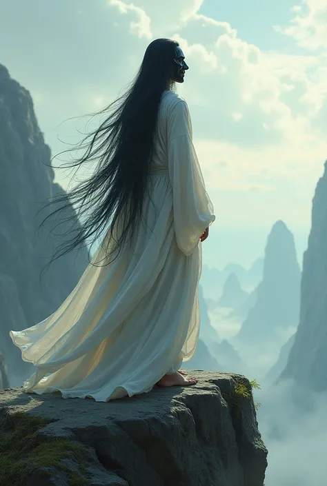 chinese immortal - lonely figure on a rock, back turned, This is a young man with long black hair and flowing clothes..

He has a proud stance., back straight, head looks forward, the chin is slightly raised. Hands behind the back clasped. Hair falls freel...