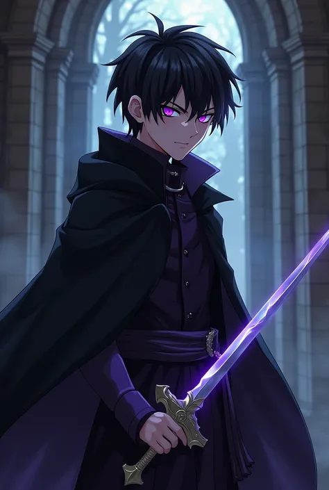 <xml><input>human,MASCULINE,black hair,purple eyes,black coat,power of shadows,sarcastic smile,Age(1),Teenager,silver sword in hand,medieval anime style.