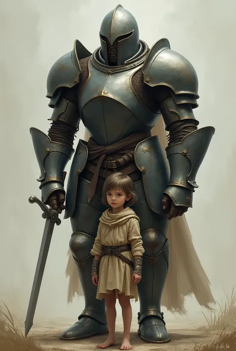 Small and thin child;
wearing armor;
Armor too big and loose;