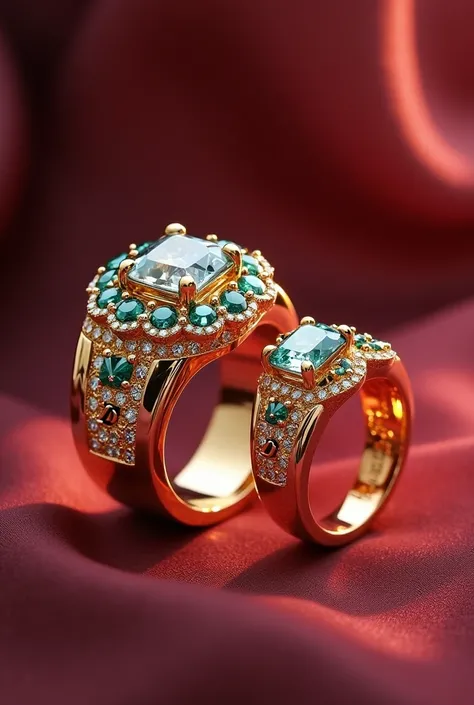 Create a pair of rings: one of engagement and one of marriage. Let the style be unique, It is noticeable that it is expensive and full of exclusive precious stones with 24k gold.. That the wedding ring has the letters DM engraved on it. 