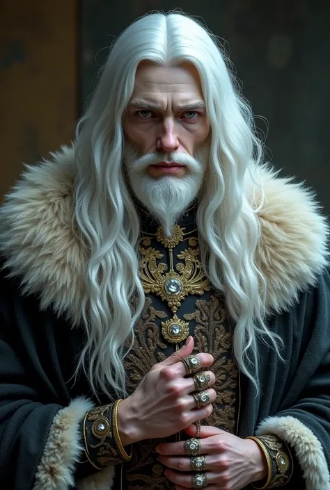 Young regent lord, 3. He is mixed race between human and drow. His skin is extremely pale, like an albino. His eyes are black as night. His hair is long and white. His beard is small and short., also in white coloration He is thin and frail with a sick app...