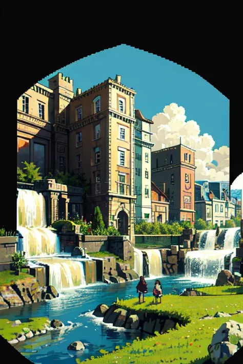 (masterpiece, top quality, best quality), pixel,pixel art,waterfall and big valley,full body, 
looking down angle,
 