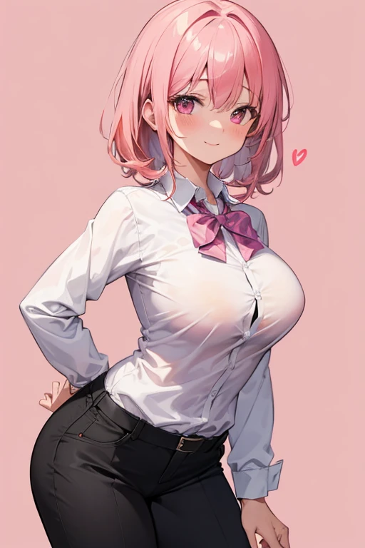 High resolution, masterpiece, Anatomically correct, Best Quality, One girl, Blushing, Look at, smile, Pink Hair, Simple Background、Office Lady Cosplay