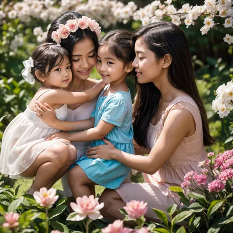 two beautiful flower blossoms with a small child