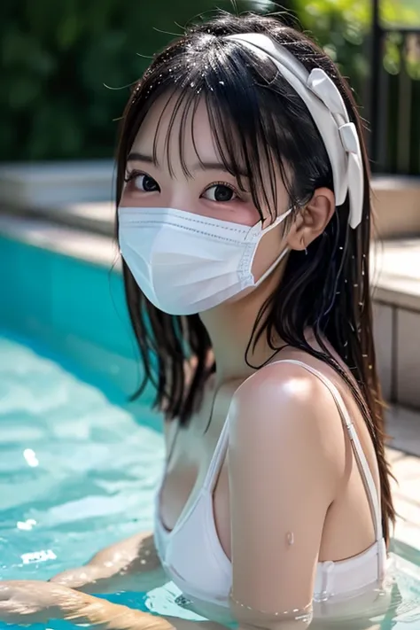 masterpiece、Japanese、1 girl、Playing in the pool、The whole body is visible、cute、happy、 Ultra HD, , Slanted Eyes, Wearing a white mask, realism, Surrealism, Raise both sides, Wet Hair, Ultra high definition, 