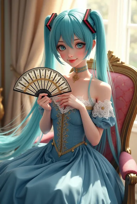 Hatsune Miku穿着法式高贵礼服，Holding a French fan，Sit in a chair，HD，cartoon，Sunlight，Hatsune Miku