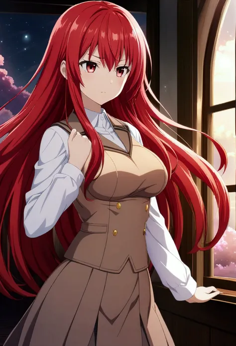 1girl, long red intense hair, light red eyes, 107cm breasts, brown school uniform with waiscoat, standing, CG