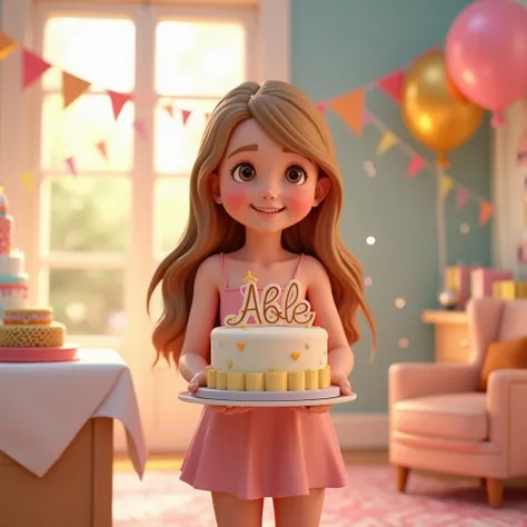 1 girl, High resolution, smile, Long hair, Golden brown hair, Wide angle view, Wearing a cute dress, 3D rendering, Virtual Reality 3D, Standing holding a cake with a name on it"ABLE"In a room decorated for a birthday celebration