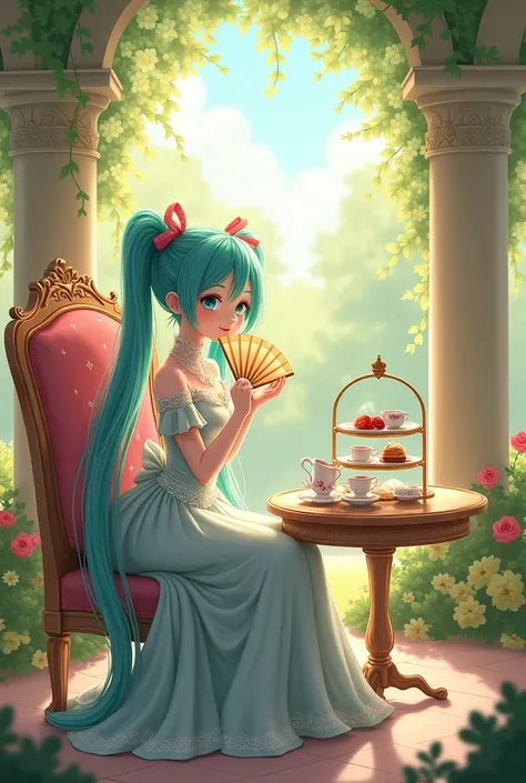 Hatsune Miku wearing a French noble dress，Holding a French fan，Sit in a chair，HD，cartoon，Sunlight，Hatsune Miku drinking afternoon tea