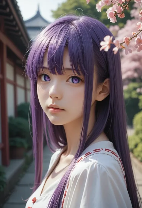 high res, masterpiece,Sakura Matou,fate, purple hair, solo, 1girl,outside,deatailed background, detailed eyes,