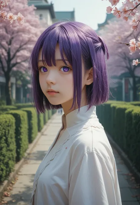 high res, masterpiece,Sakura Matou,fate, purple hair, solo, 1girl,outside,deatailed background, detailed eyes,