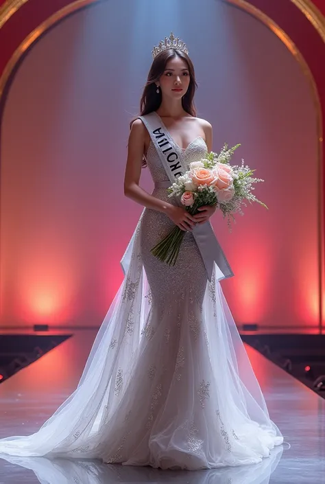 Miss International Indonesia wear crown, silver sash, and silver evening gown, hold arrange flower in her arms, catwalk at stage. Her face calming, angelic face, white skin. 