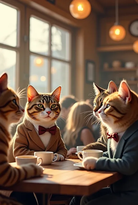 Cats drink coffee in a restaurant with family 
