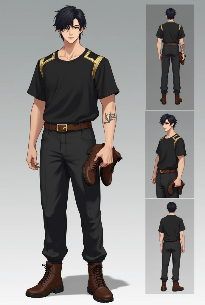 Detailed character design layout featuring a young Korean man with an athletic build and fair skin. The main subject is portrayed in full-body frontal view, wearing a black t-shirt with gold details on the shoulders, dark pants and holding brown boots. He ...