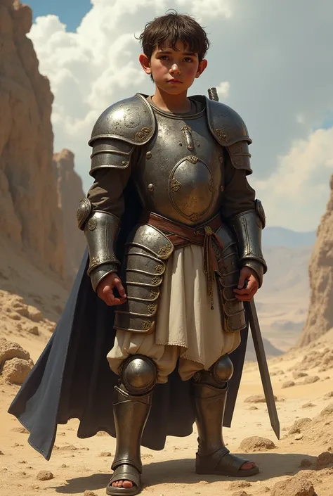 Young David, small and thin;
Wearing Saul&#39;s armor;
Armor too big and loose;