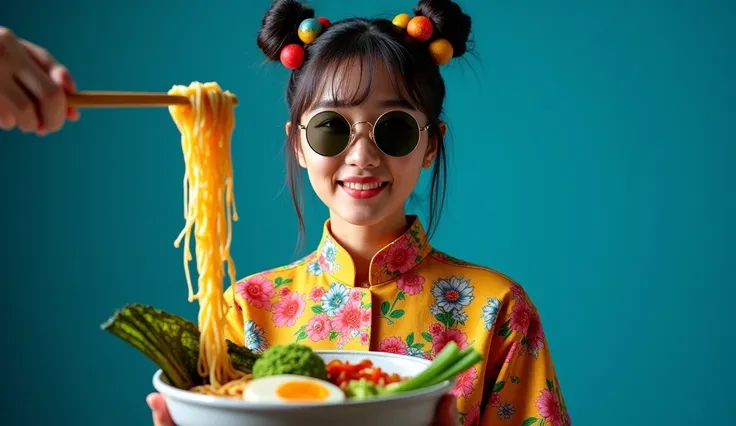 This vibrant ad shows a stylish young woman，Promote a food and restaurant creative agency specializing in food photography. The lady wears modern yet traditional Asian clothing, Featuring intricate floral designs and vibrant colors. She wears stylish round...