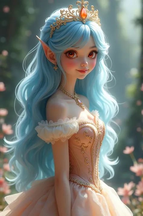 girl woman, long haired light blue, red eyes, dress up in princess gown, smile sweetly, tiny,camtik