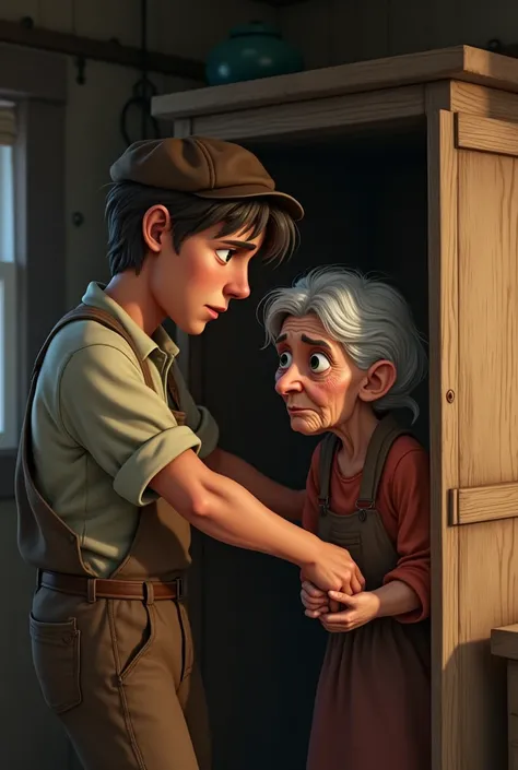 Make an image (a young farmer hiding his mom inside a  cabinet thats discreet and difficult to find) *the young man and the mother seen in picture* (animated)