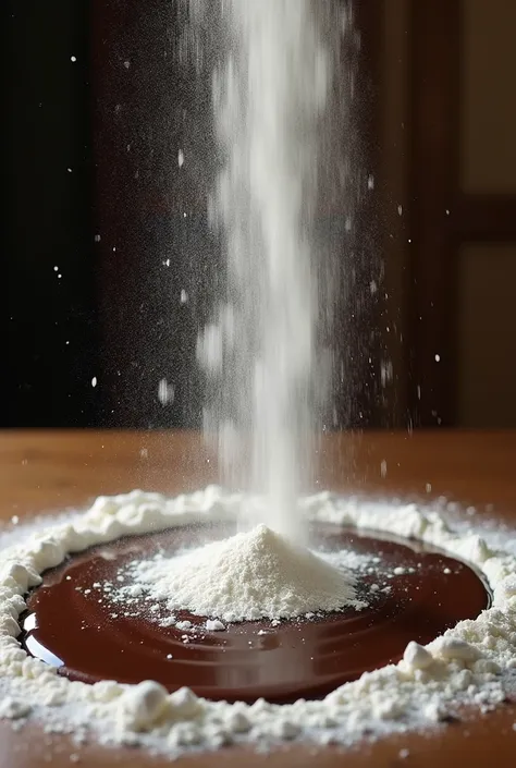 Flour falling on chocolate mixture in a bowl in a kitchen, view from a little higher up than the flour is strained the flour is more strained