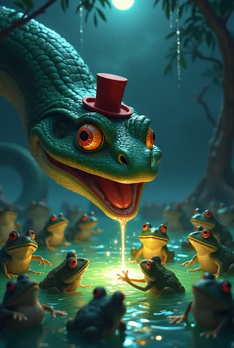 a night party held by frogs in a pond and a greedy huge water snake with a red hat staring at frogs with another snakes tail end still shown at a side of its mouth that already swallowed 