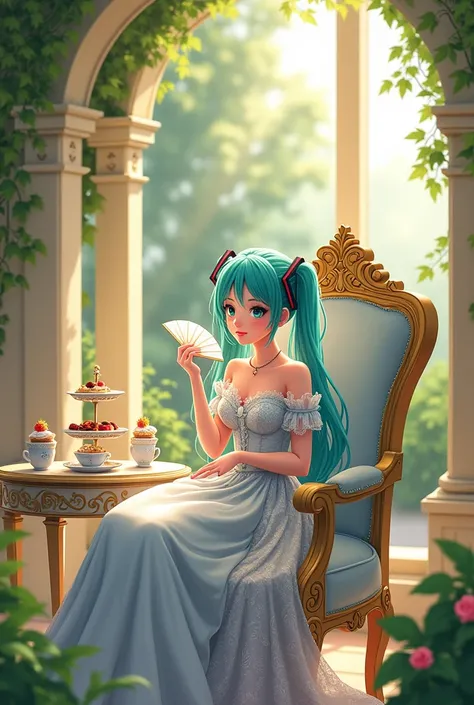 Hatsune Miku wearing a French noble dress，Holding a French fan，Sit in a chair，HD，cartoon，Sunlight，Hatsune Miku drinking afternoon tea