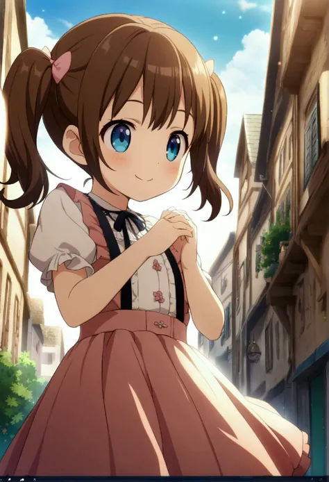 1kid, girl, brown hair, two pigtails, cute, blue eyes, cute clothes, cute smile, CG, screenshot, 6years