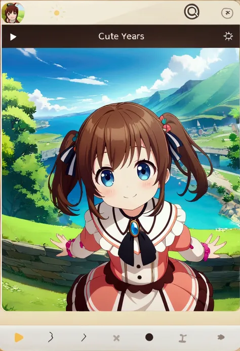 1kid, girl, brown hair, two pigtails, cute, blue eyes, cute clothes, cute smile, CG, screenshot, 6years