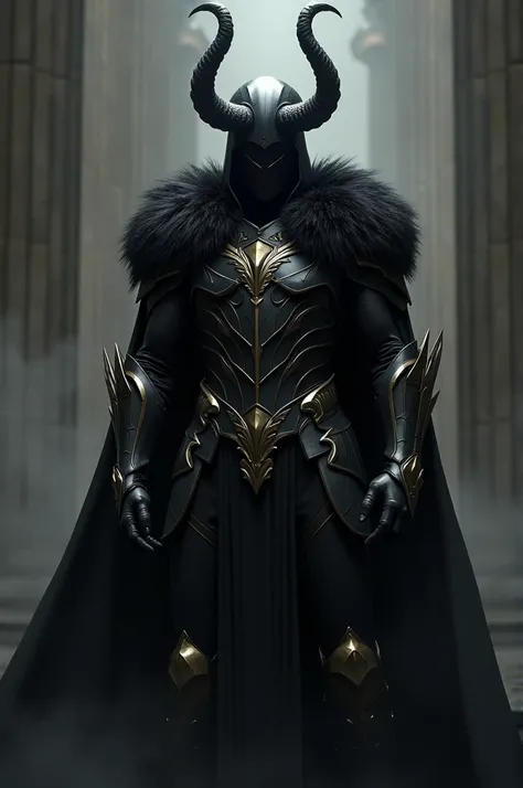 an anti-hero, with black armor, with gold details, black mask, black cover, black fur and black horns