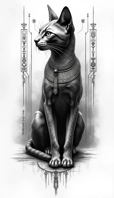 Design Tattoo, egyptian cat, black and white art with egyptian symbols, stylized art, with pencil effect shading