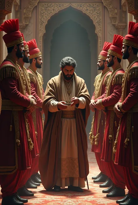 Royal Guards: Dressed in traditional Mughal soldier uniforms, standing alert, some holding the courtier after finding the ring.