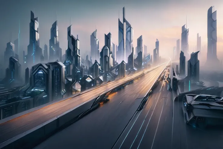 arafed view of a city with an empty highway where mortal can not walk, futuristic city street, bastien grivet, futuristic citysc...