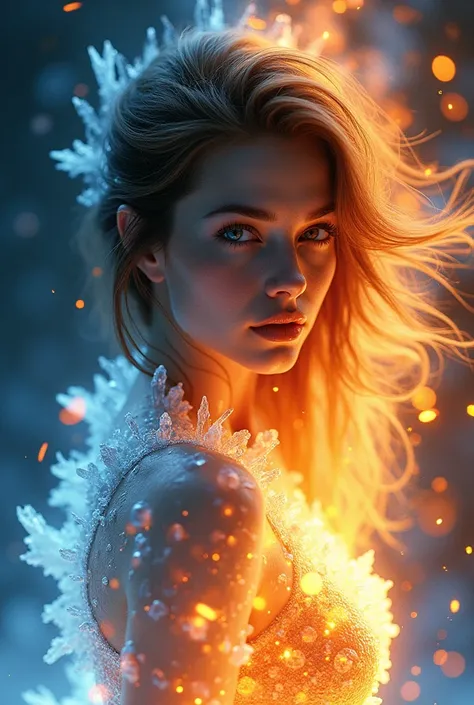 Beautiful woman in cold fire effect, left body surrounded by ice elements, right body surrounded by fire elements, combined with neon echoes vibrating around her body, sharp eyes looking at the camera, while her hair is flowing in the air, octane rendering