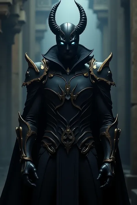 an anti-hero, with black armor, with gold details, black mask, black cover, black hair, black horns and bright blue eyes 