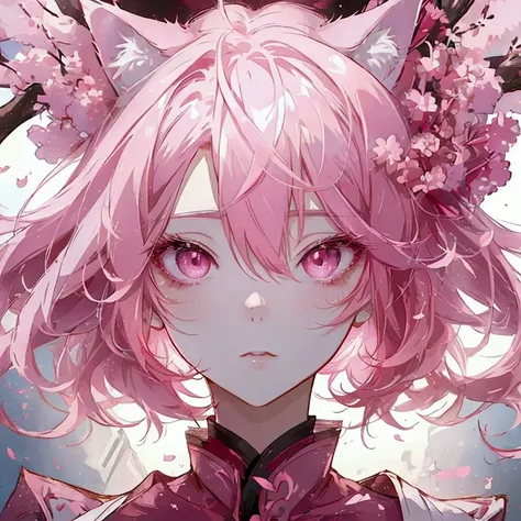 、Cat ears、Pink gradient hair、Red eyes、Short messy hair、Hair between the eyes、Highly detailed eyes and face、high quality、Studio Lighting、Ultra Fine Art、Sharp Focus、Physically Based Rendering、Vibrant colors、Anime Style、Digital Art