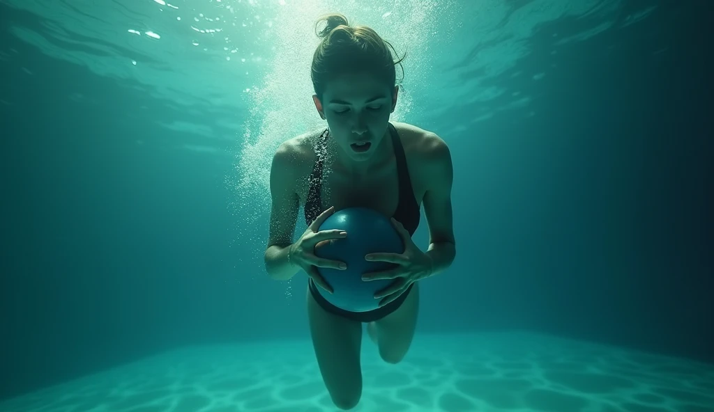 the ball is at the bottom of the pool, the person is holding the ball at the bottom of the pool, but he is running out of air, wide image